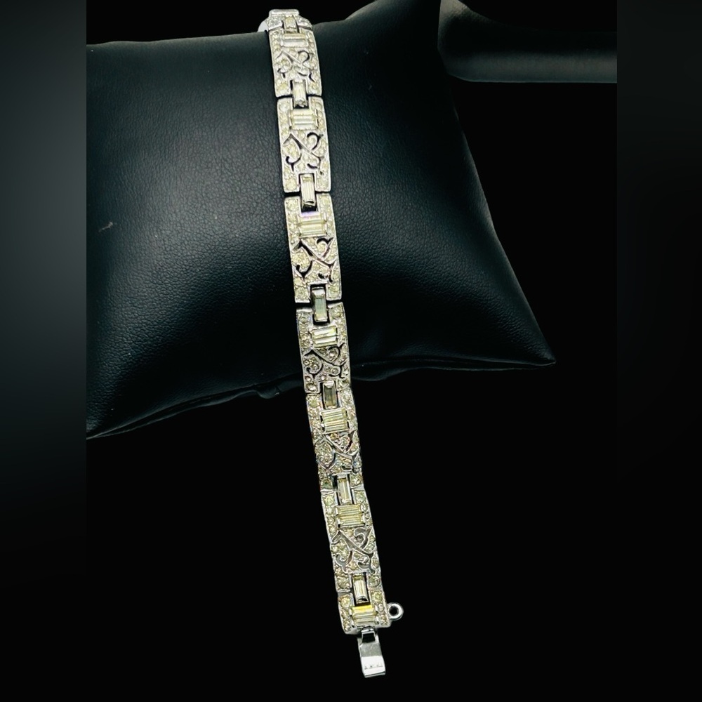 Vintage Panetta Art Deco Style Rhinestone Rhodium Plated Bracelet